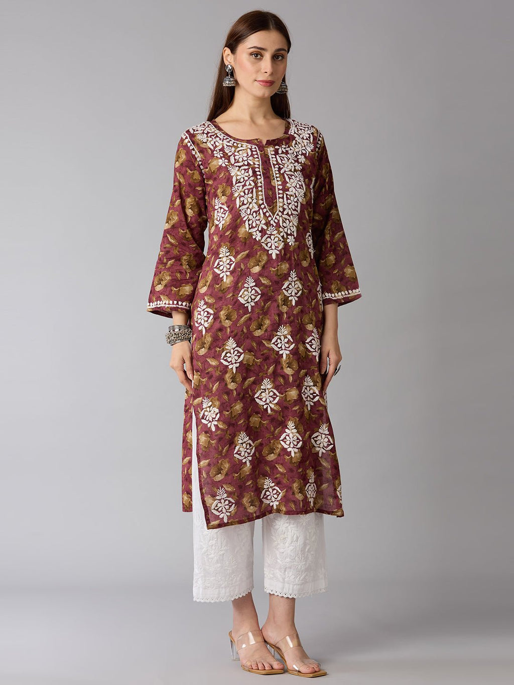 Lucknow Chikankari Hand Embroidered Long Kurta Mulmul - Indiankala4u