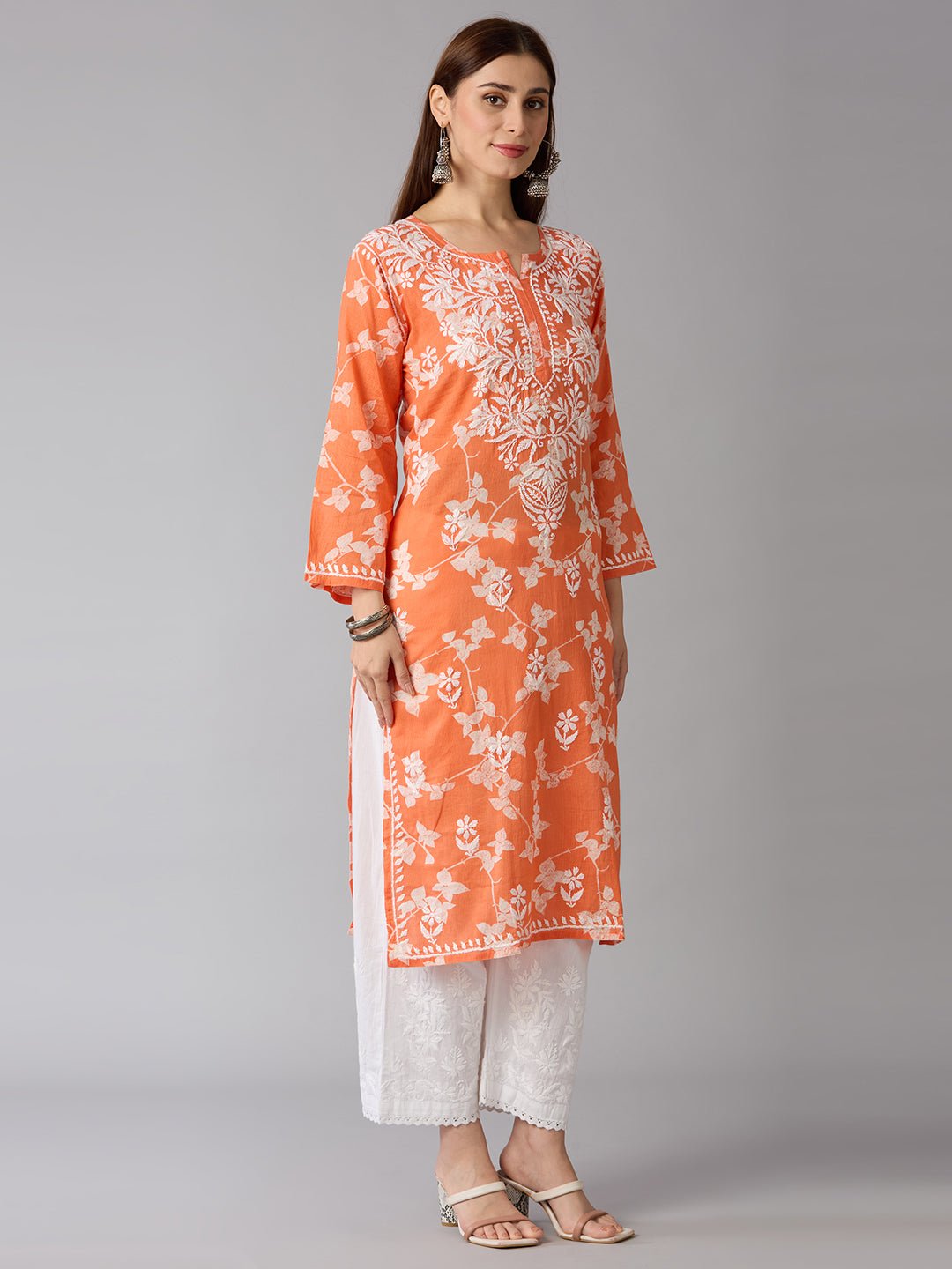 Lucknow Chikankari Hand Embroidered Long Kurta Mulmul - Indiankala4u