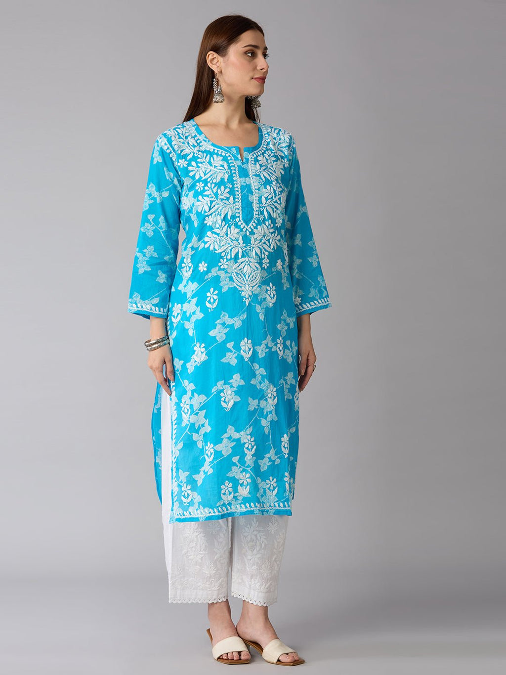 Lucknow Chikankari Hand Embroidered Long Kurta Mulmul - Indiankala4u