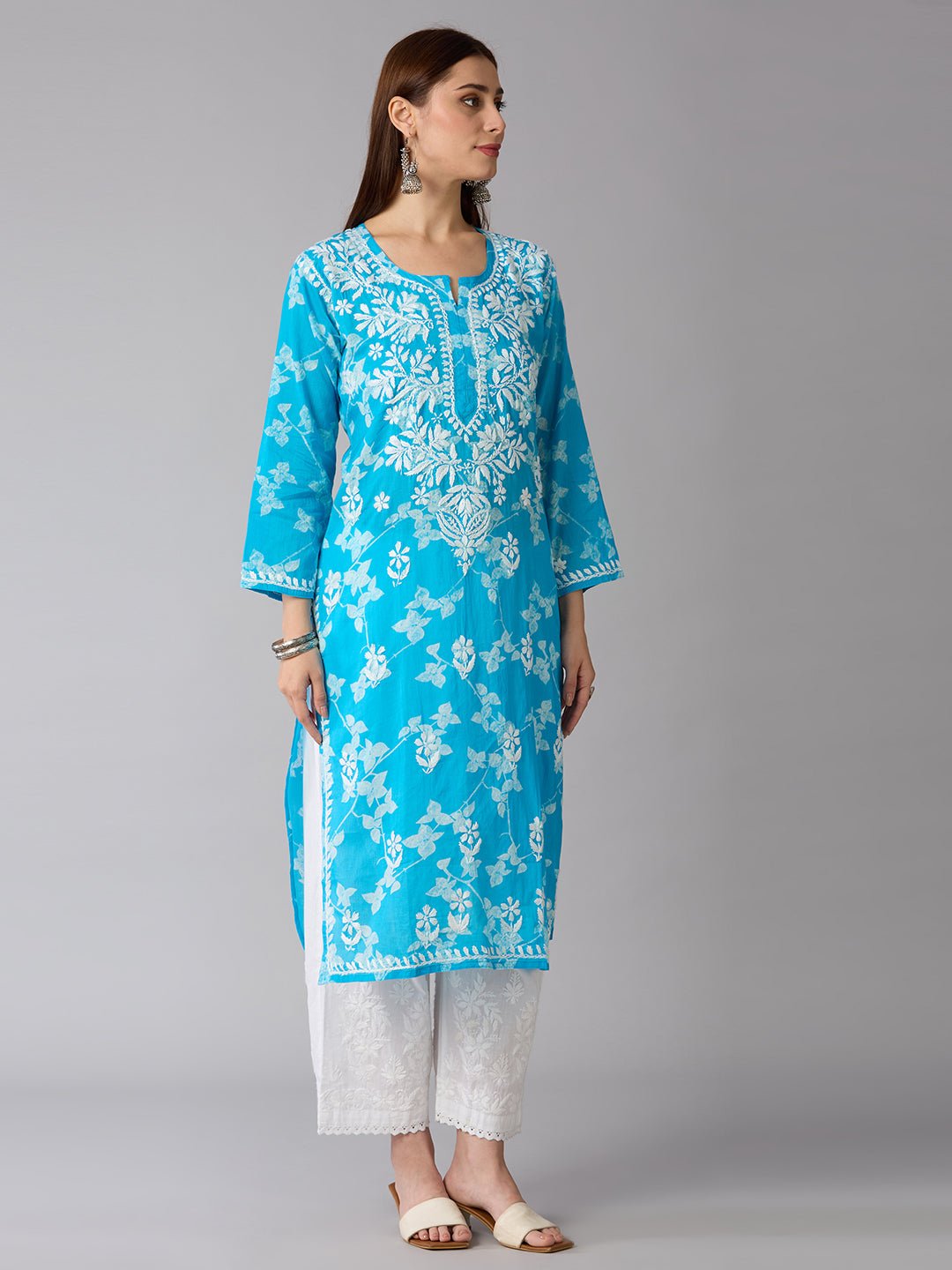 Lucknow Chikankari Hand Embroidered Long Kurta Mulmul - Indiankala4u