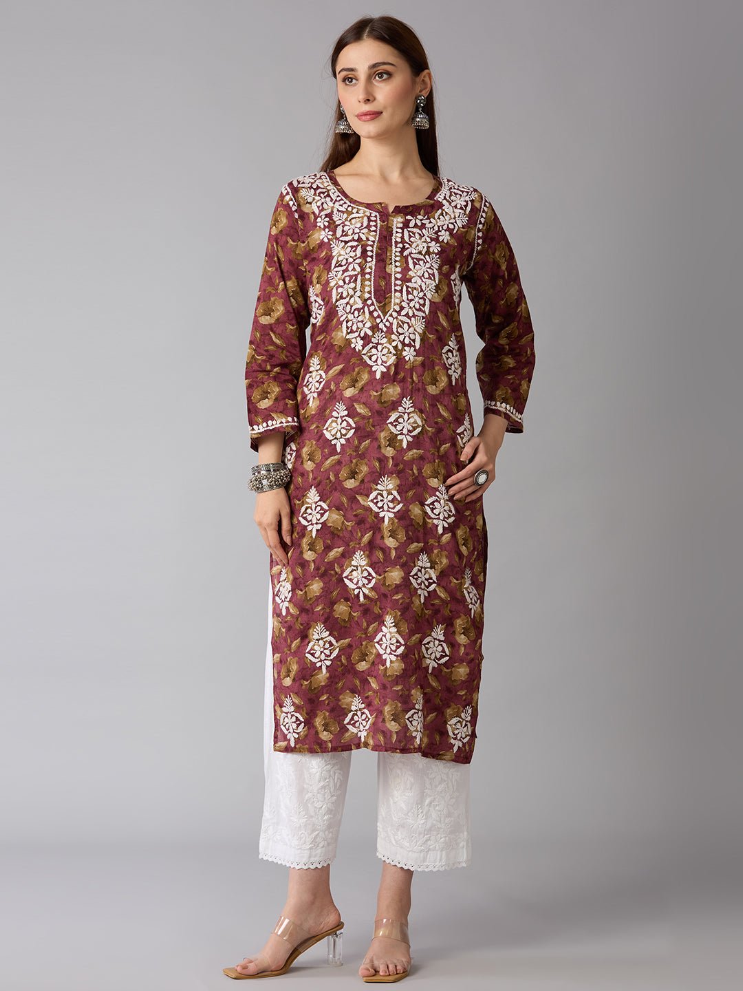 Lucknow Chikankari Hand Embroidered Long Kurta Mulmul - Indiankala4u