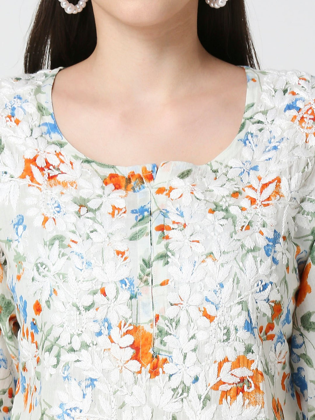 Lucknow Chikankari Hand Embroidered Long Kurta Mulmul - Indiankala4u