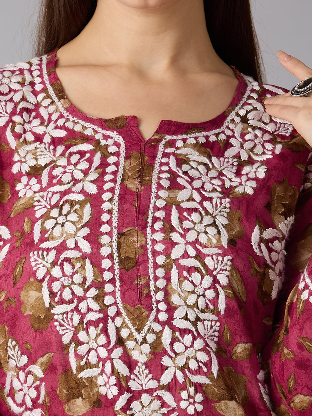 Lucknow Chikankari Hand Embroidered Long Kurta Mulmul - Indiankala4u