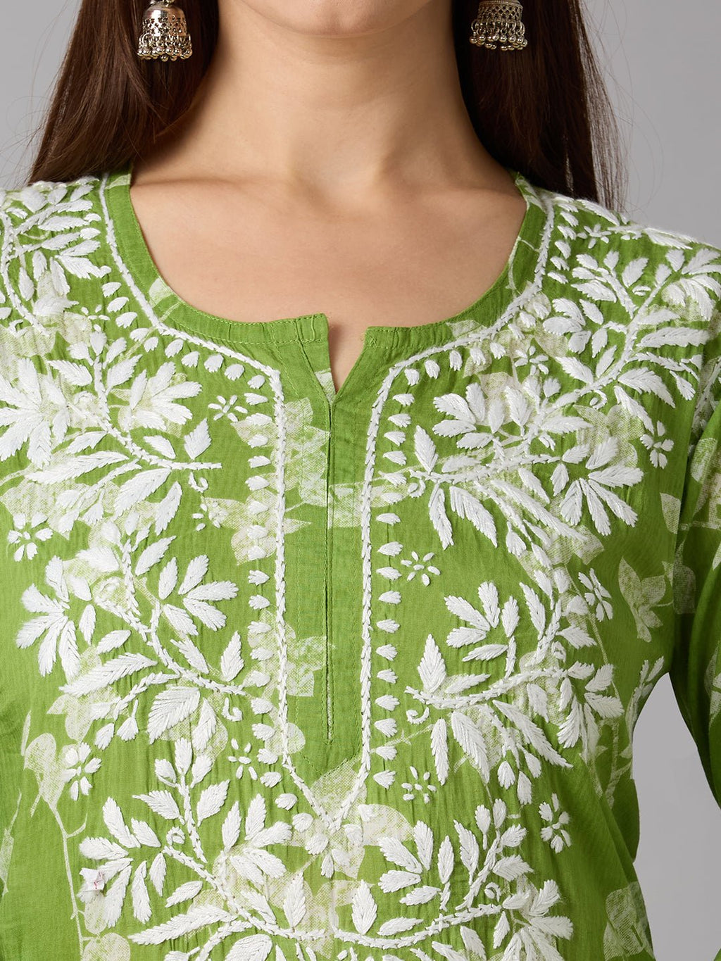 Lucknow Chikankari Hand Embroidered Long Kurta Mulmul - Indiankala4u