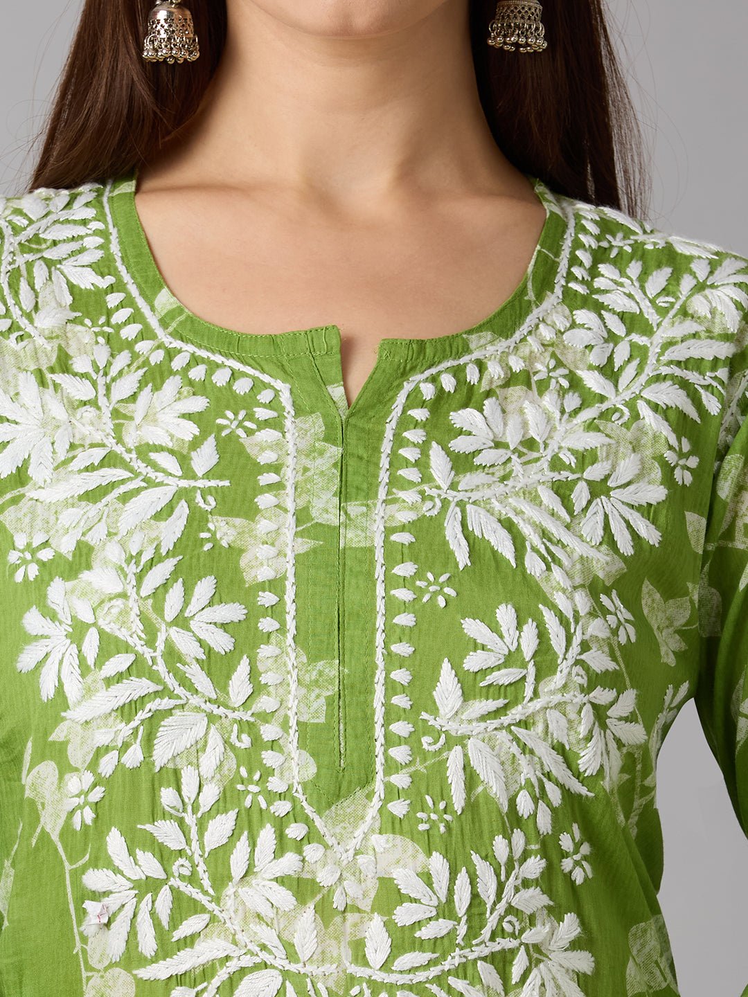 Lucknow Chikankari Hand Embroidered Long Kurta Mulmul - Indiankala4u