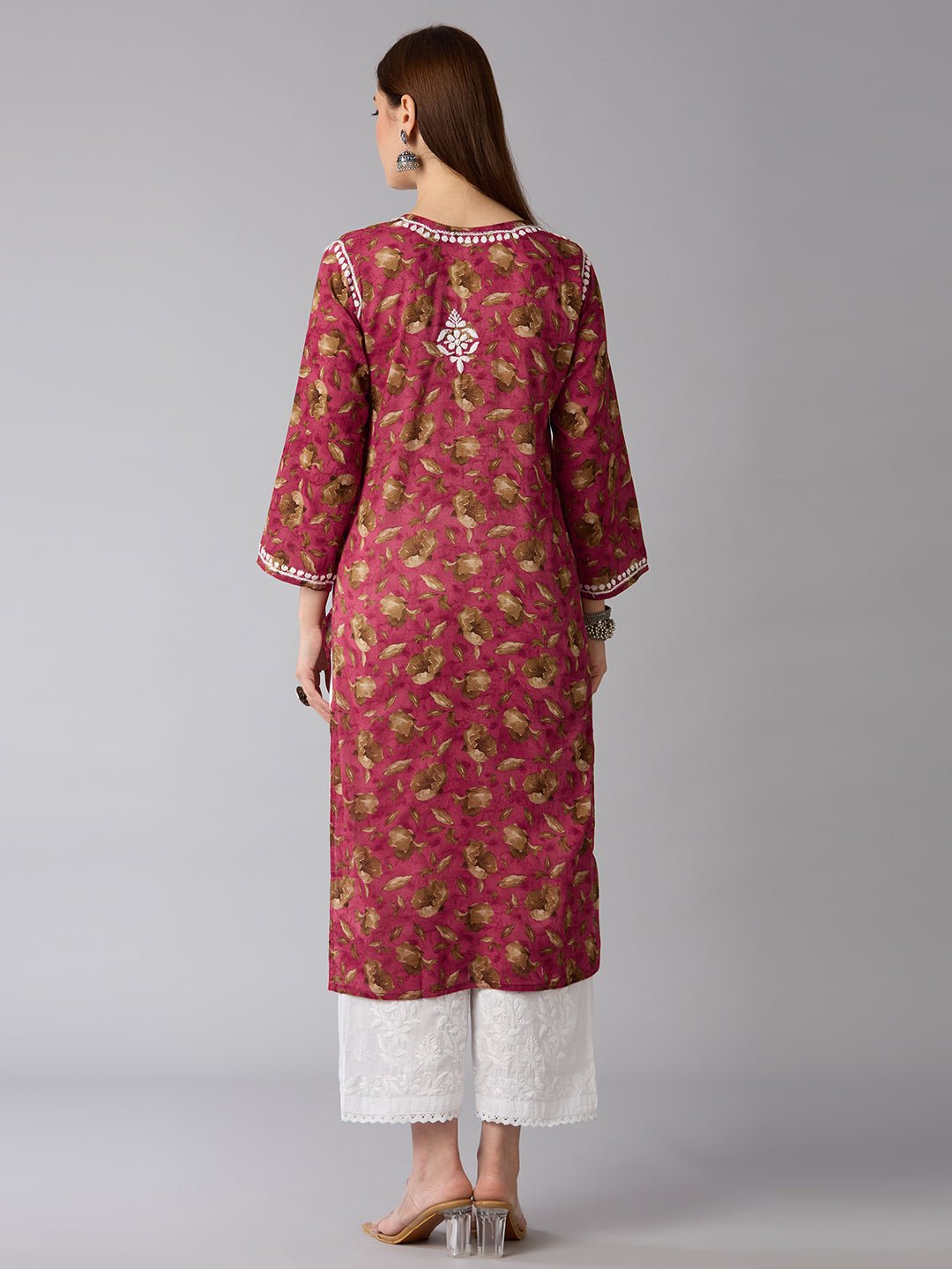 Lucknow Chikankari Hand Embroidered Long Kurta Mulmul - Indiankala4u