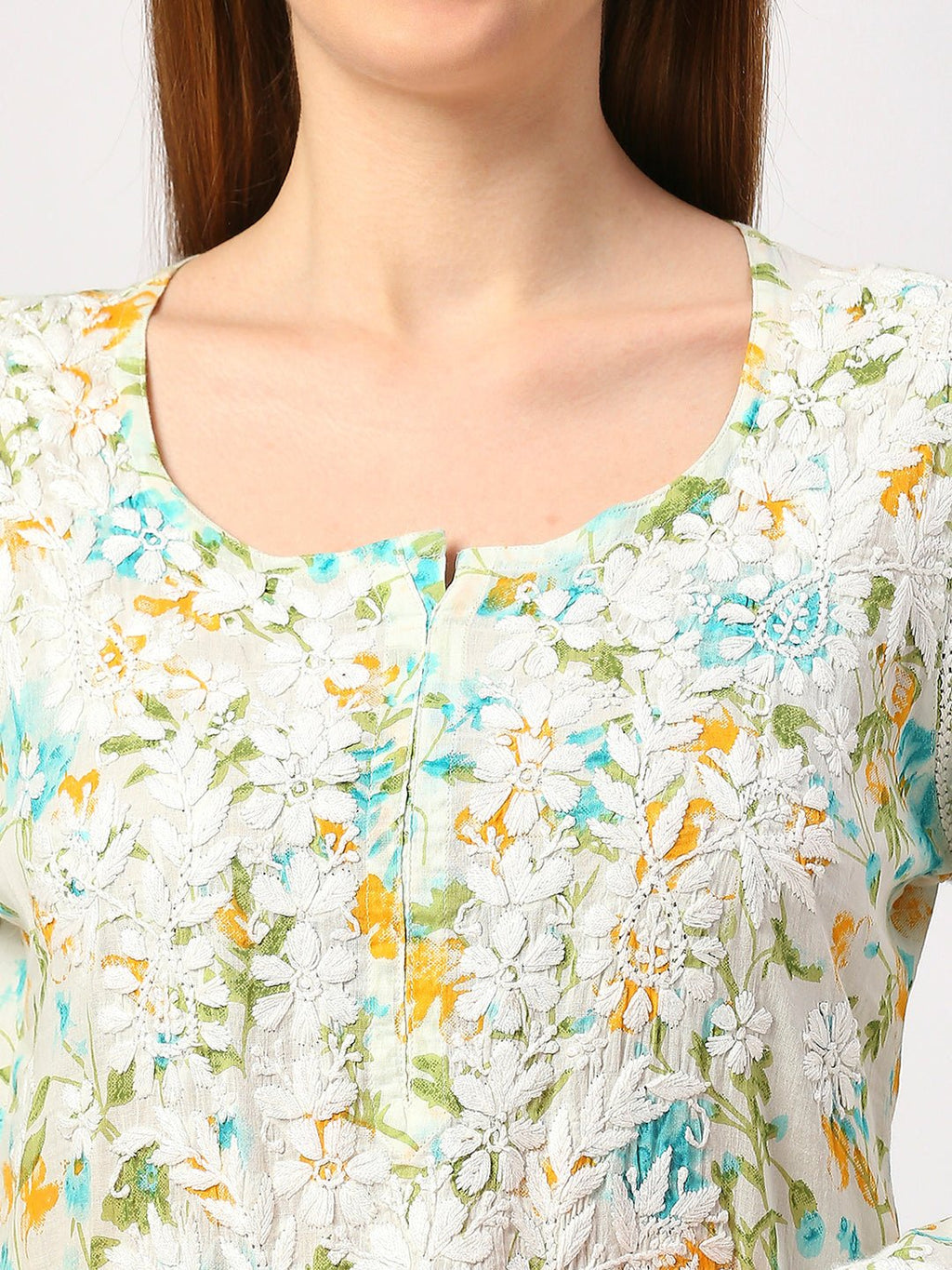 Lucknow Chikankari Hand Embroidered Long Kurta Mulmul - Indiankala4u