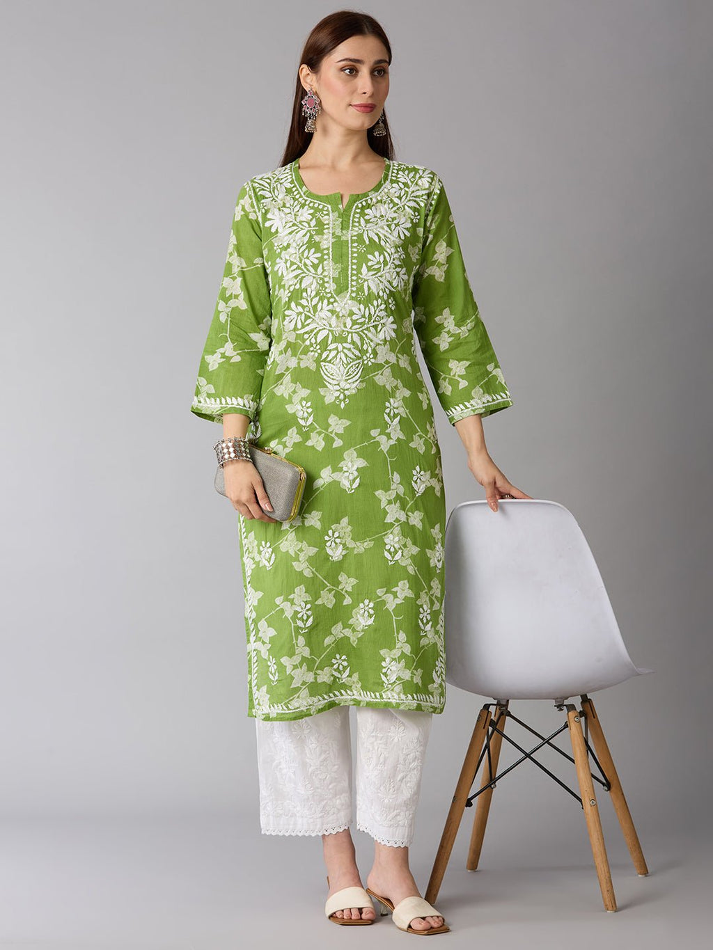 Lucknow Chikankari Hand Embroidered Long Kurta Mulmul - Indiankala4u
