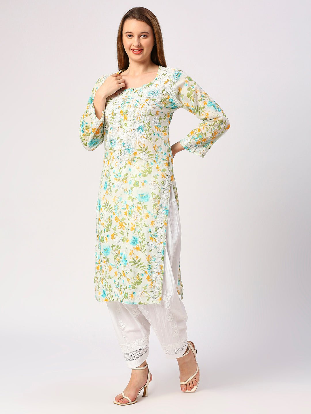 Lucknow Chikankari Hand Embroidered Long Kurta Mulmul - Indiankala4u
