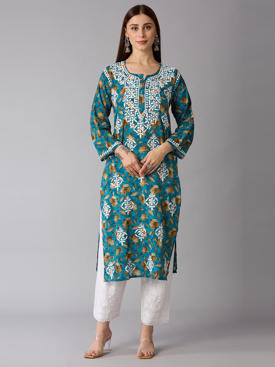 Lucknow Chikankari Hand Embroidered Long Kurta Mulmul - Indiankala4u