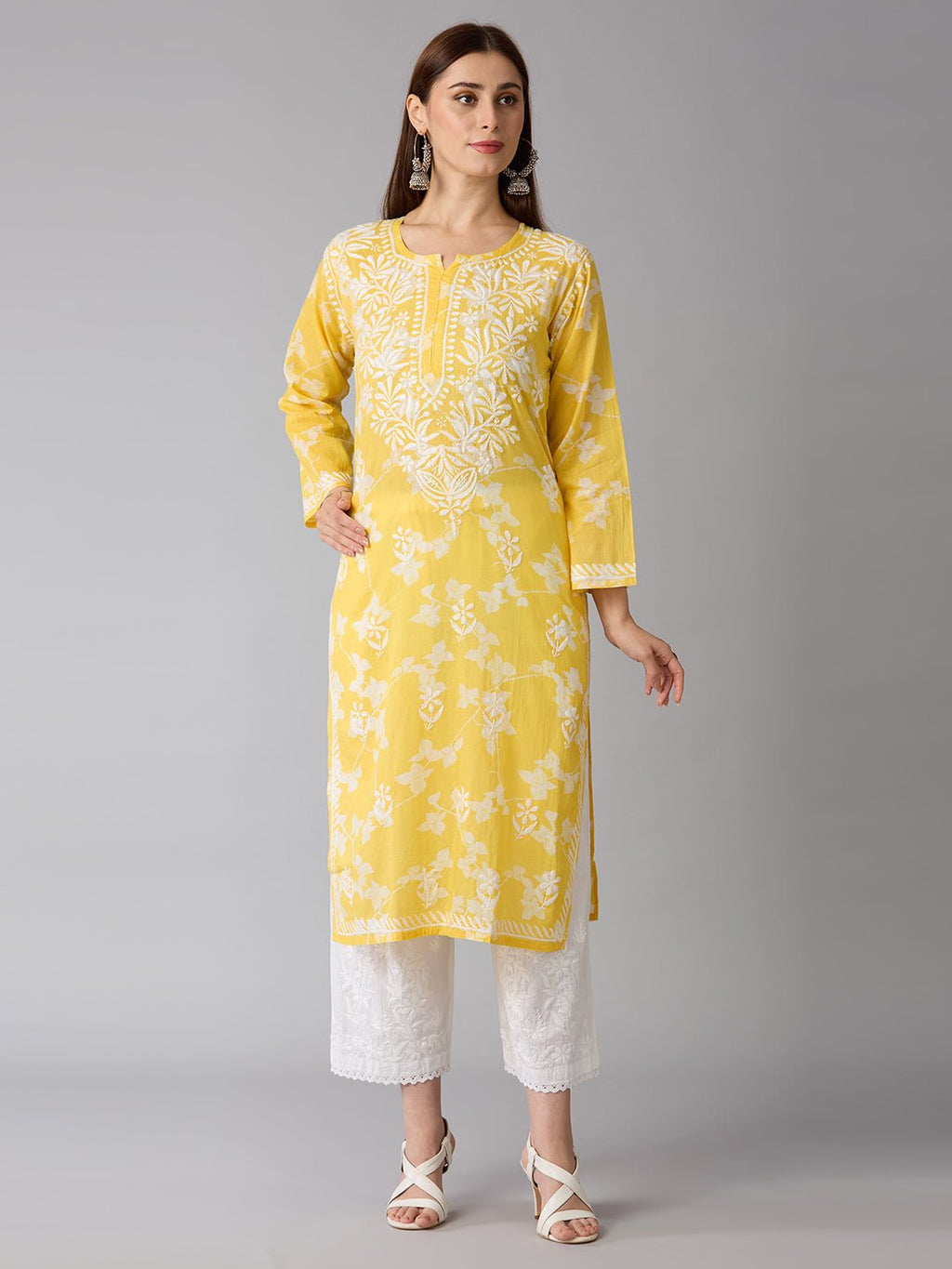 Lucknow Chikankari Hand Embroidered Long Kurta Mulmul - Indiankala4u