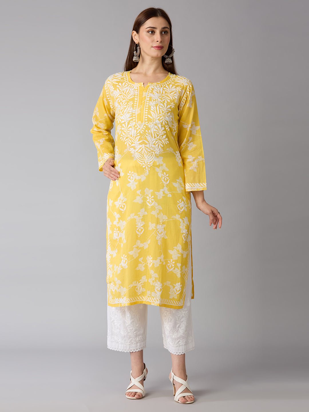 Lucknow Chikankari Hand Embroidered Long Kurta Mulmul - Indiankala4u