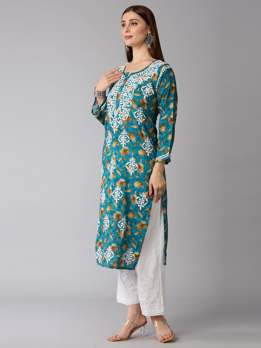 Lucknow Chikankari Hand Embroidered Long Kurta Mulmul - Indiankala4u