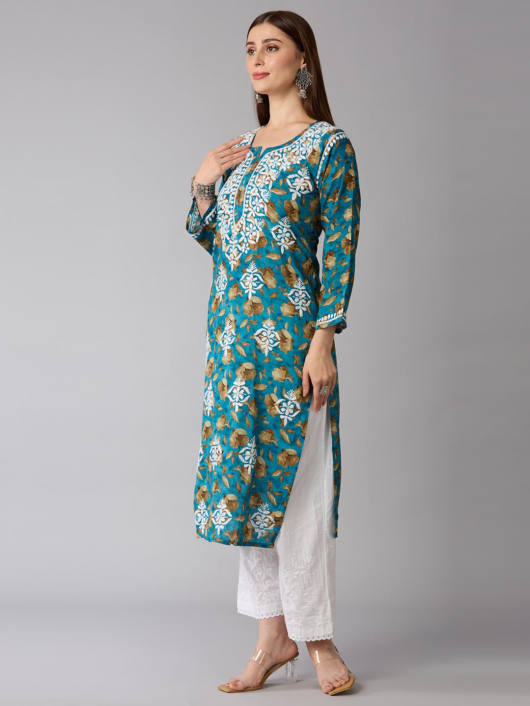Lucknow Chikankari Hand Embroidered Long Kurta Mulmul - Indiankala4u