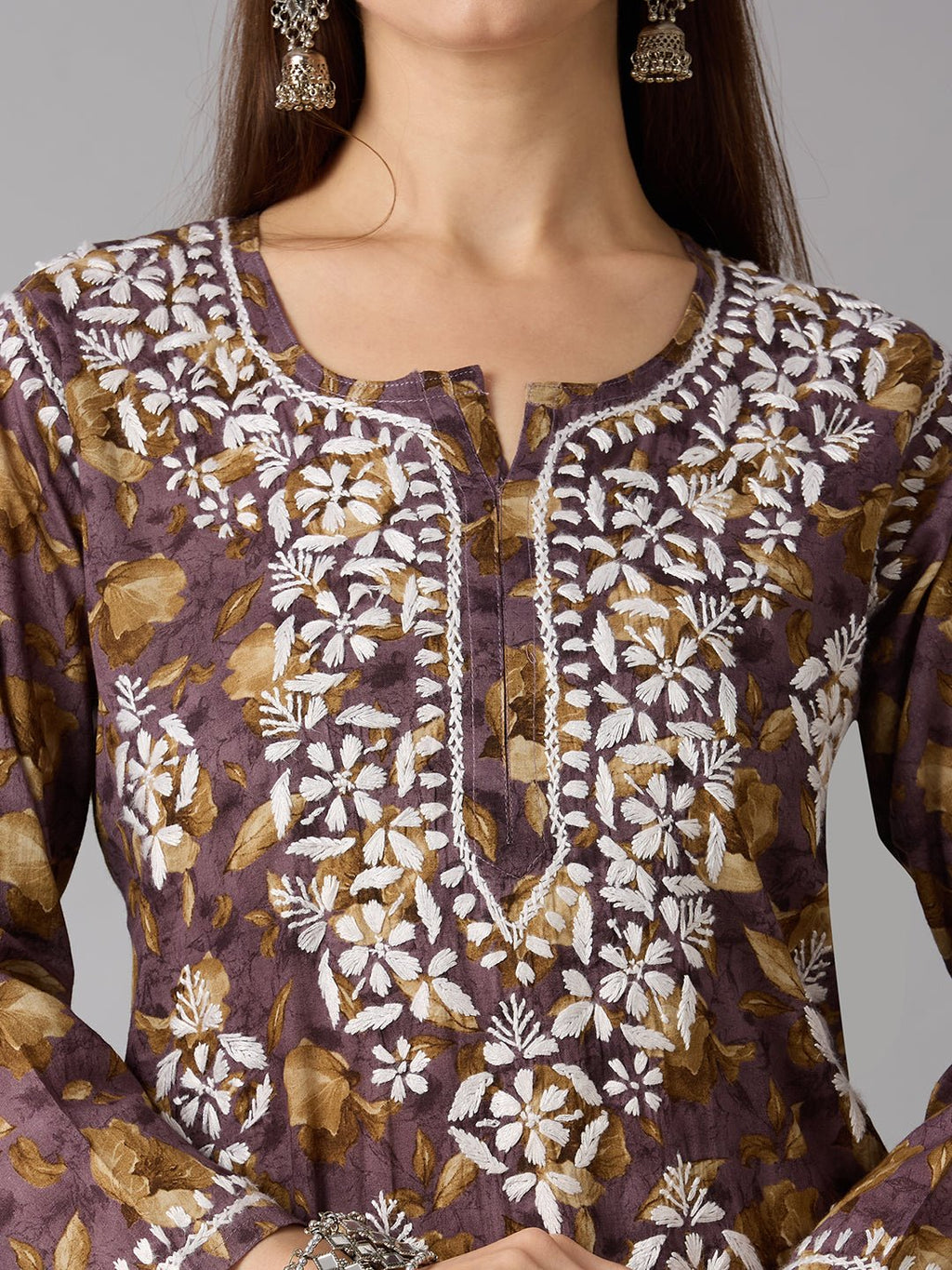 Lucknow Chikankari Hand Embroidered Long Kurta Mulmul - Indiankala4u