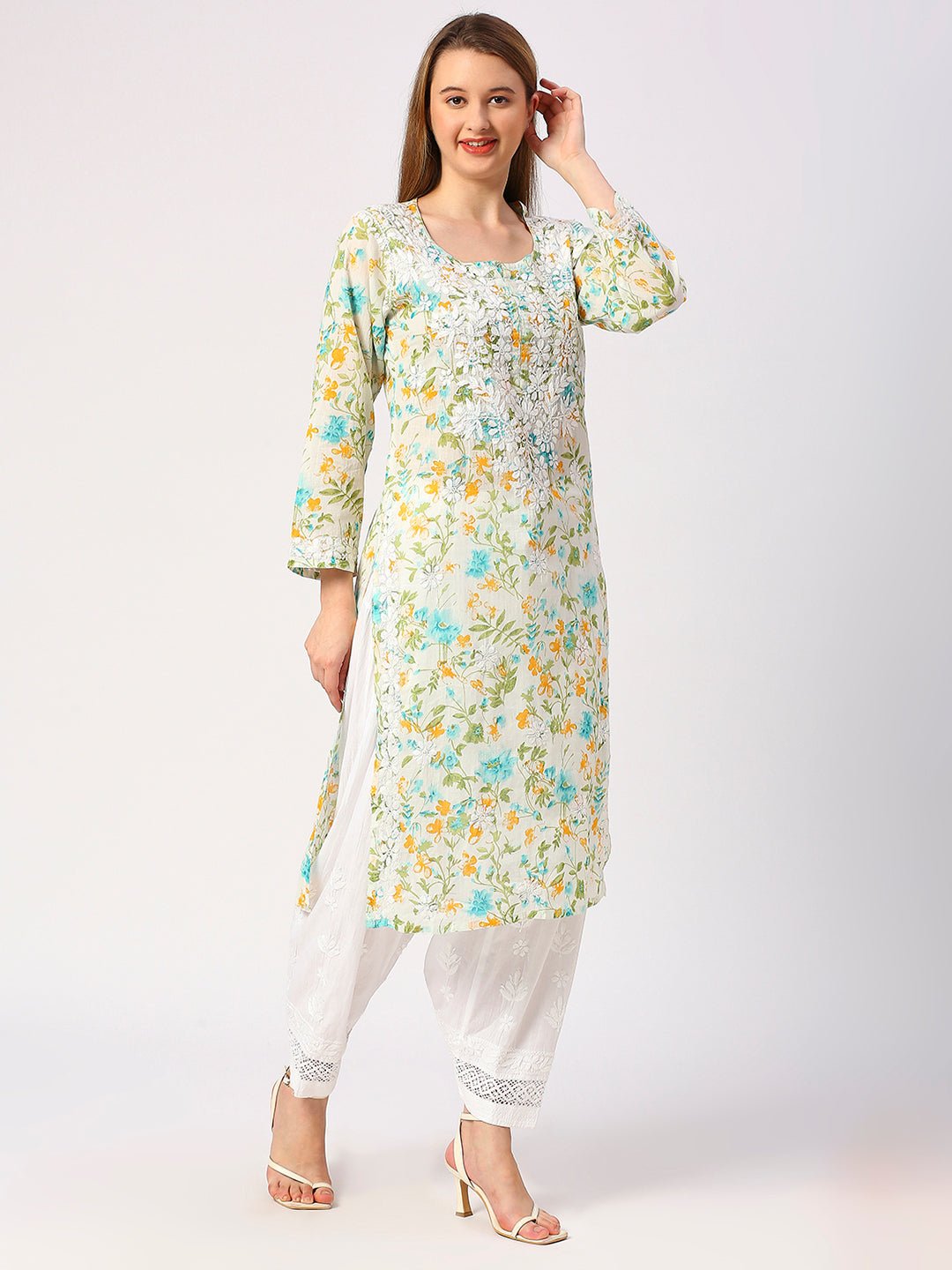Lucknow Chikankari Hand Embroidered Long Kurta Mulmul - Indiankala4u