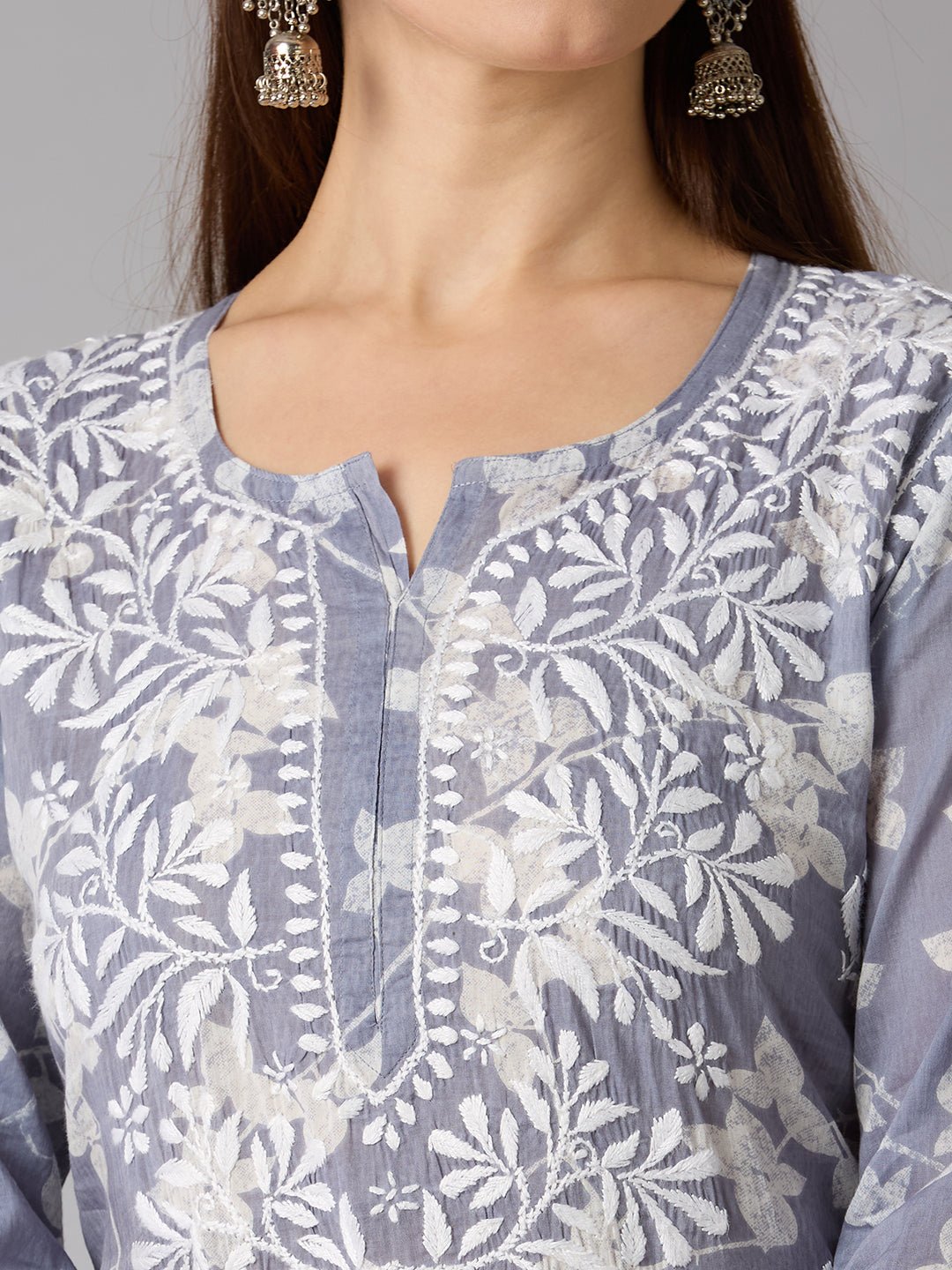 Lucknow Chikankari Hand Embroidered Long Kurta Mulmul - Indiankala4u