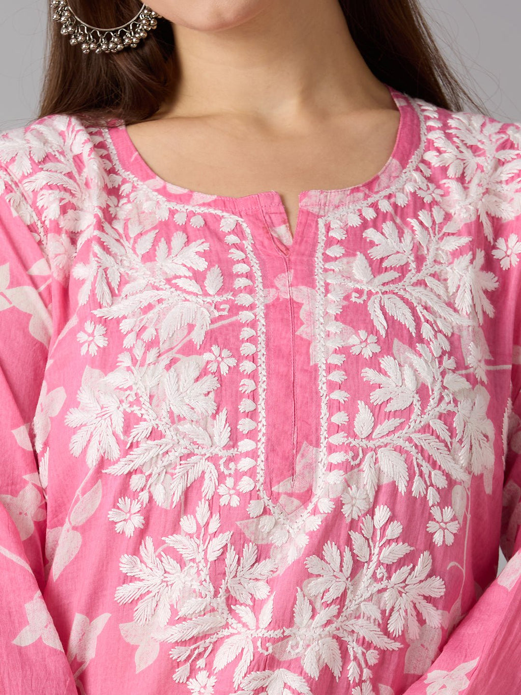 Lucknow Chikankari Hand Embroidered Long Kurta Mulmul - Indiankala4u