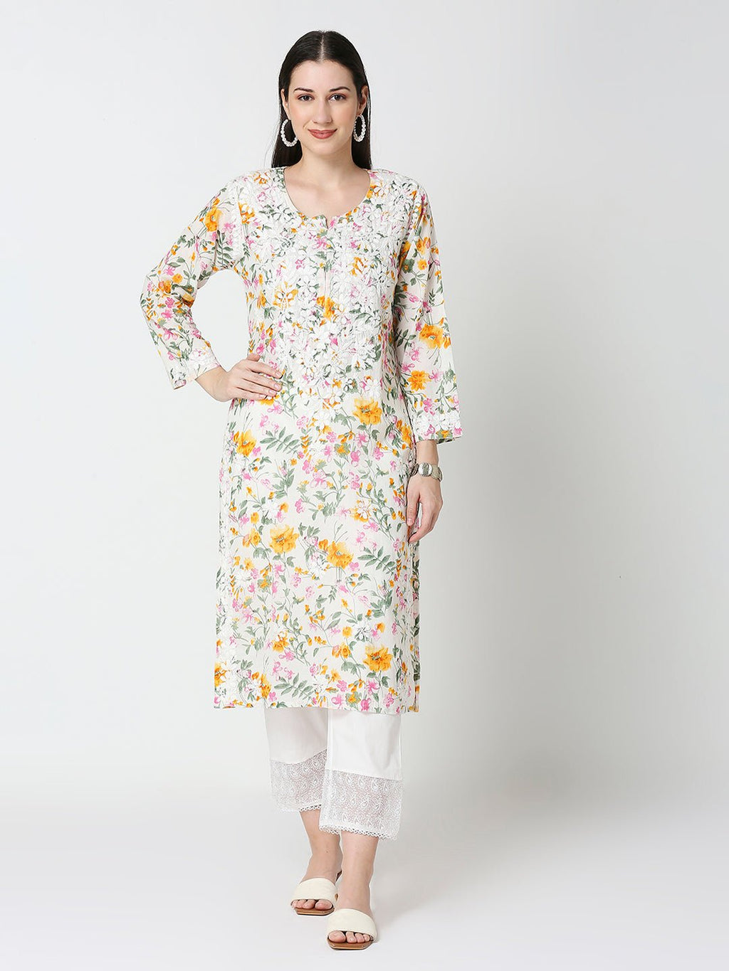 Lucknow Chikankari Hand Embroidered Long Kurta Mulmul - Indiankala4u