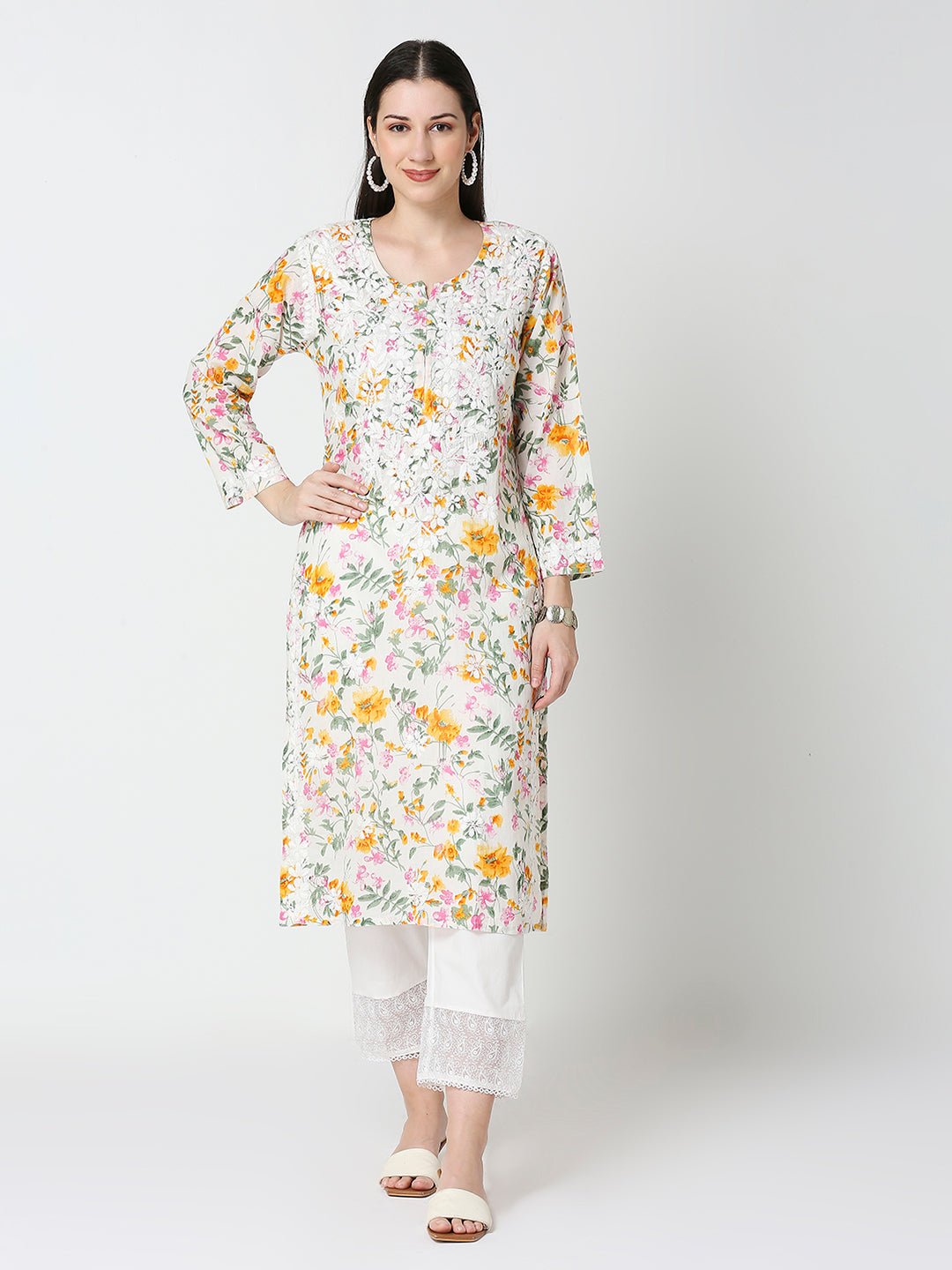Lucknow Chikankari Hand Embroidered Long Kurta Mulmul - Indiankala4u