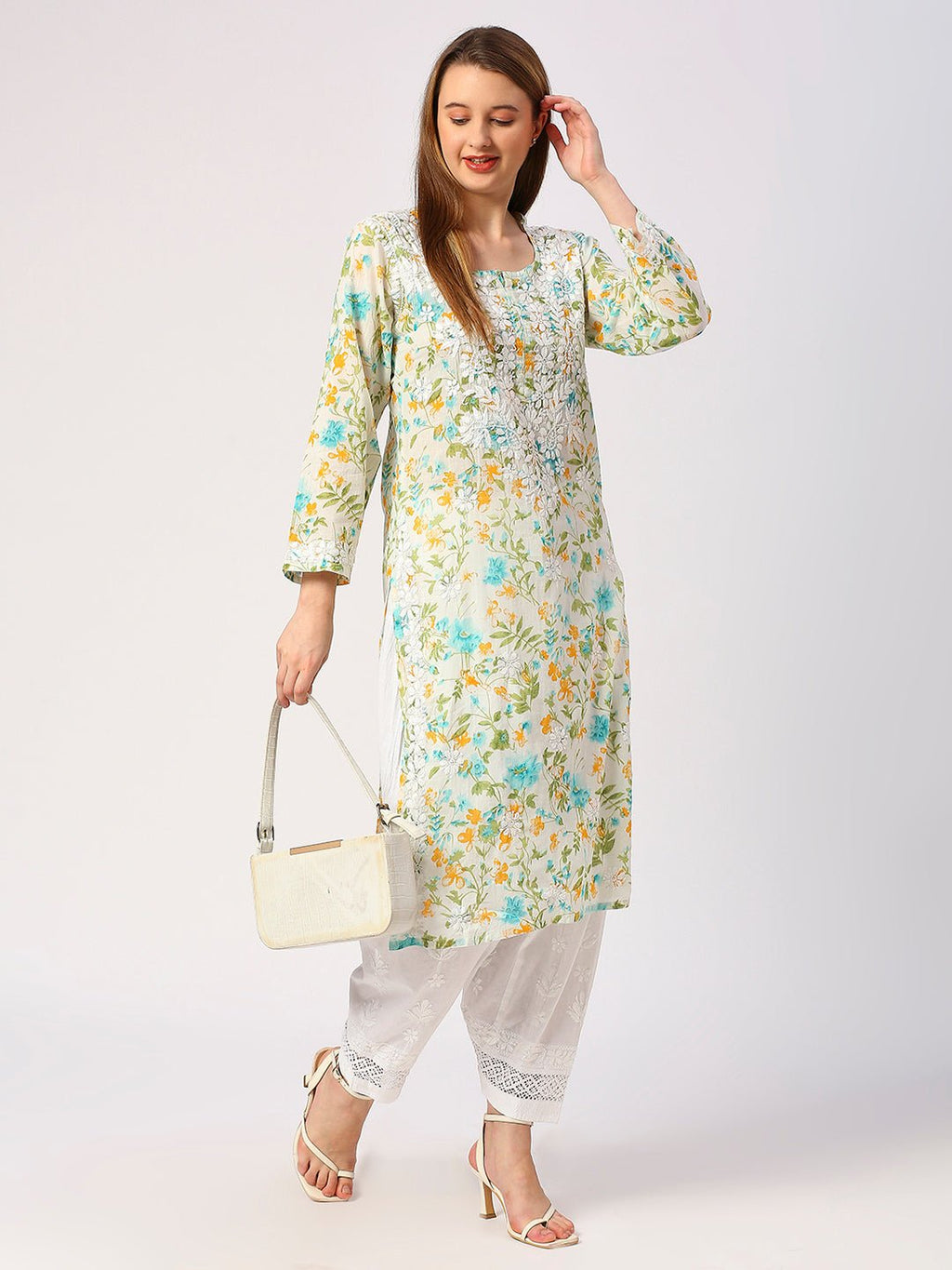 Lucknow Chikankari Hand Embroidered Long Kurta Mulmul - Indiankala4u