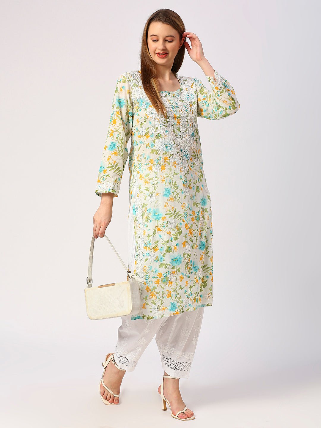 Lucknow Chikankari Hand Embroidered Long Kurta Mulmul - Indiankala4u