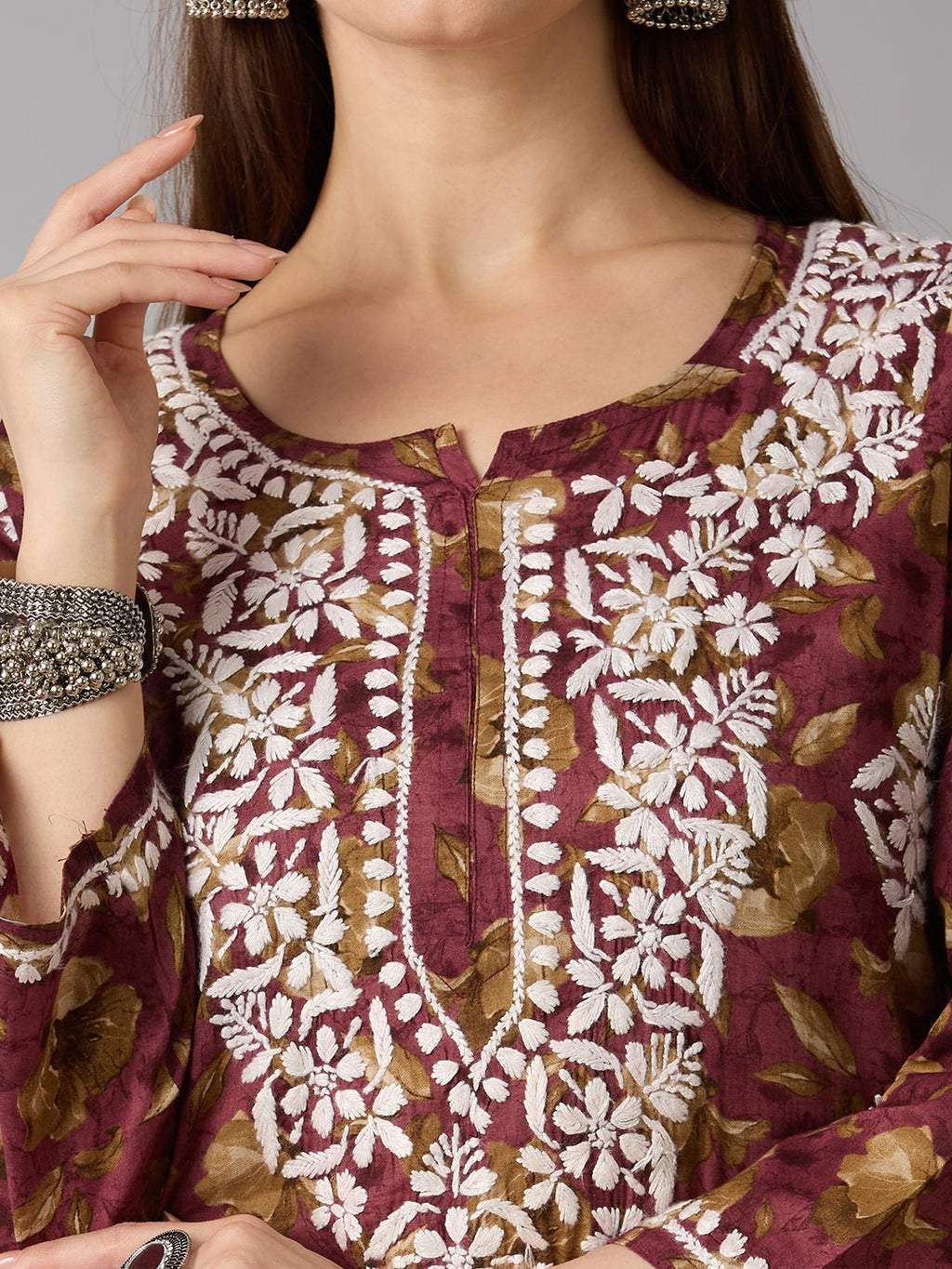 Lucknow Chikankari Hand Embroidered Long Kurta Mulmul - Indiankala4u