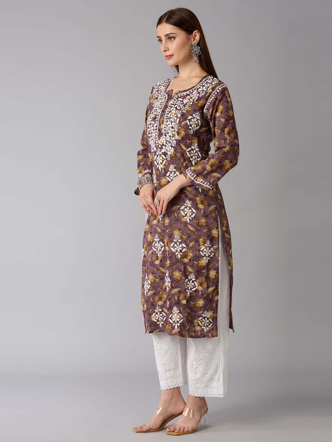 Lucknow Chikankari Hand Embroidered Long Kurta Mulmul - Indiankala4u