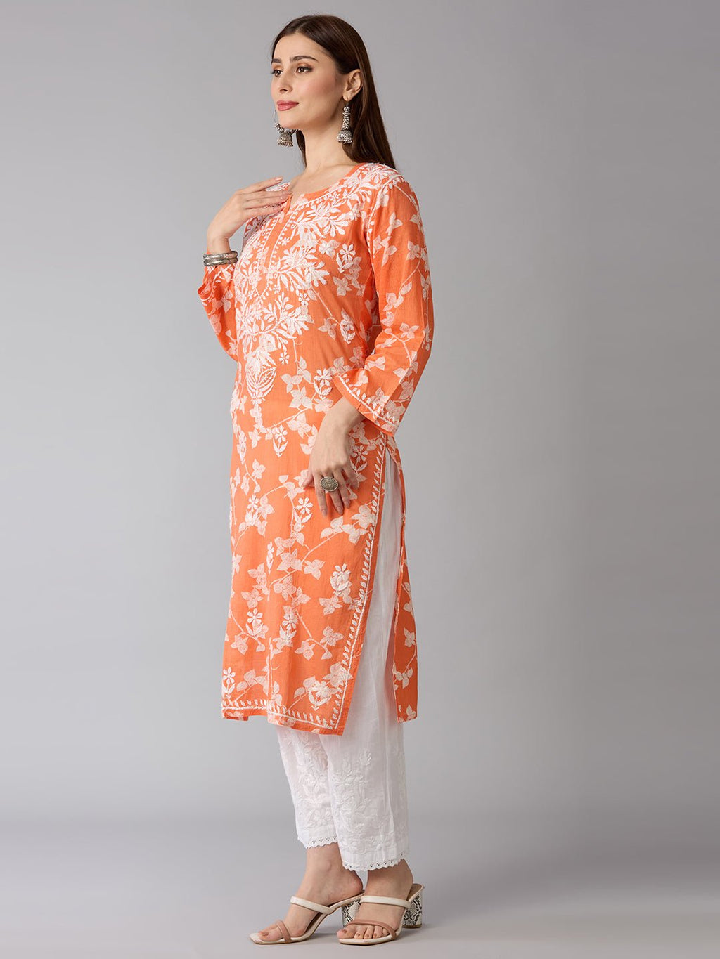 Lucknow Chikankari Hand Embroidered Long Kurta Mulmul - Indiankala4u