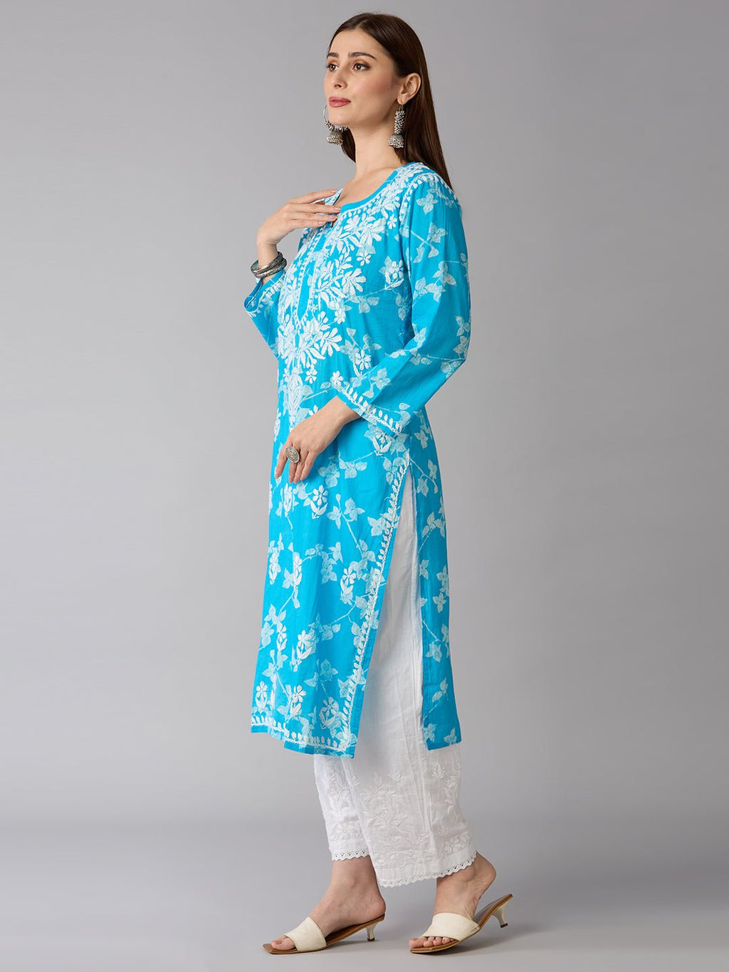 Lucknow Chikankari Hand Embroidered Long Kurta Mulmul - Indiankala4u