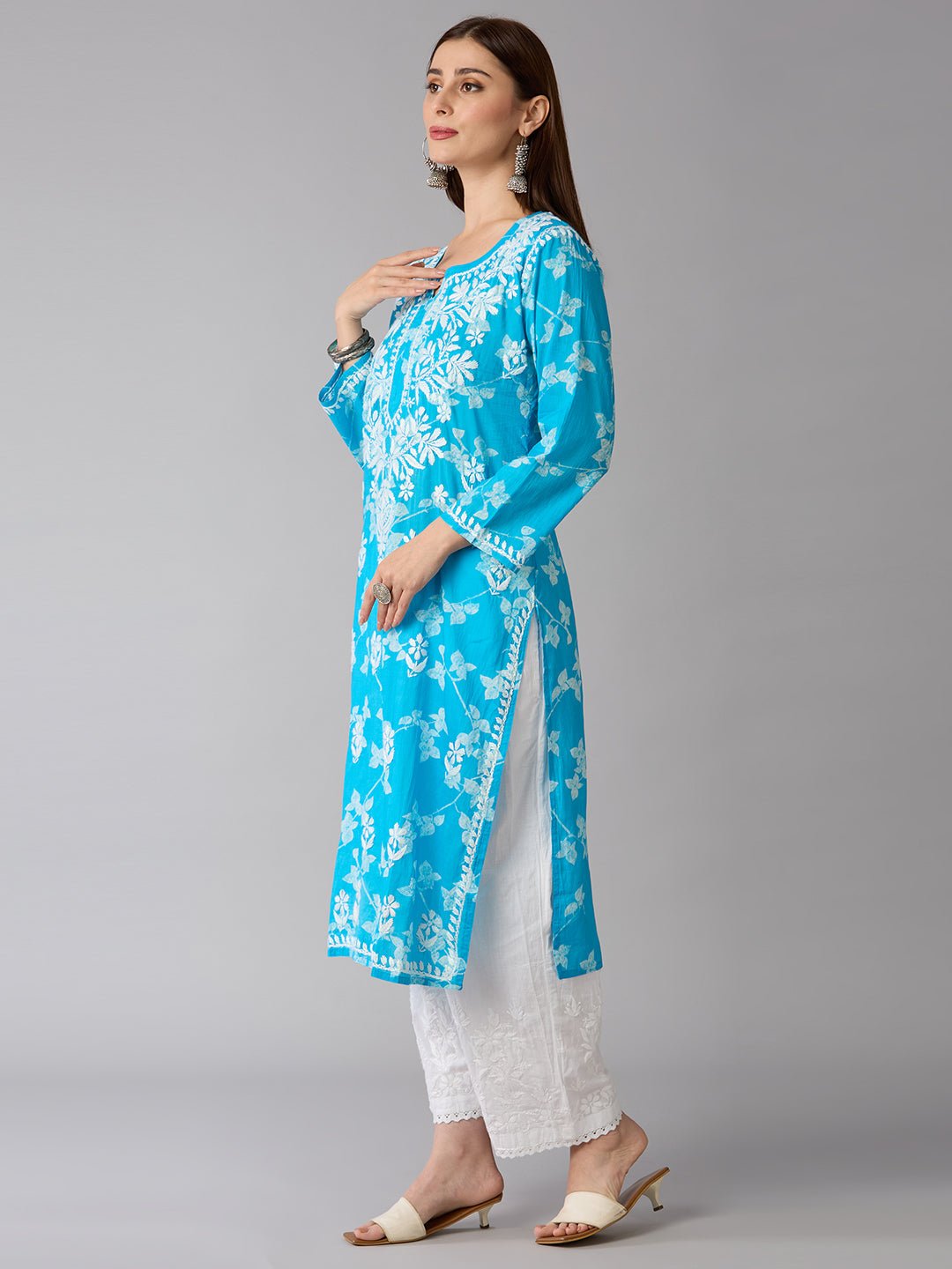 Lucknow Chikankari Hand Embroidered Long Kurta Mulmul - Indiankala4u