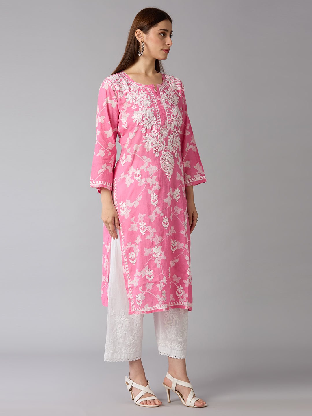 Lucknow Chikankari Hand Embroidered Long Kurta Mulmul - Indiankala4u