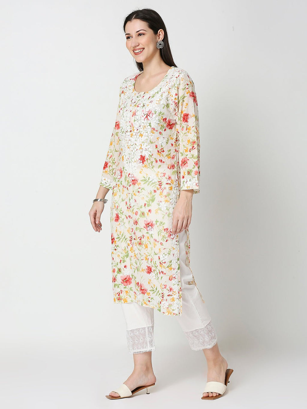 Lucknow Chikankari Hand Embroidered Long Kurta Mulmul - Indiankala4u
