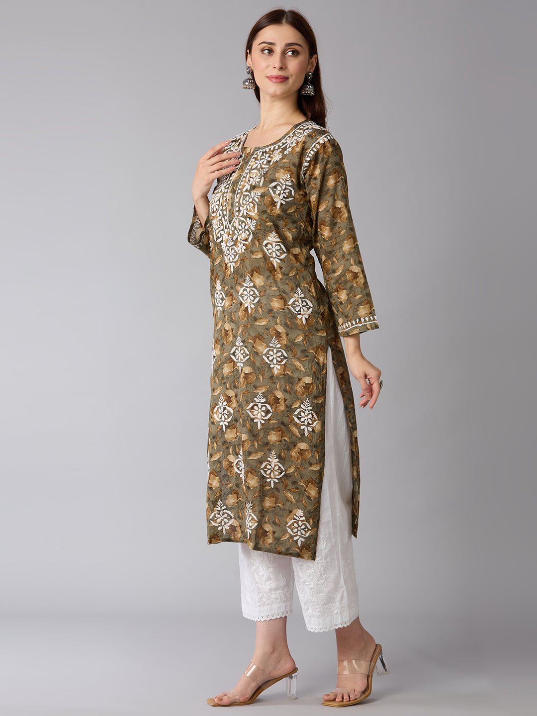 Lucknow Chikankari Hand Embroidered Long Kurta Mulmul - Indiankala4u