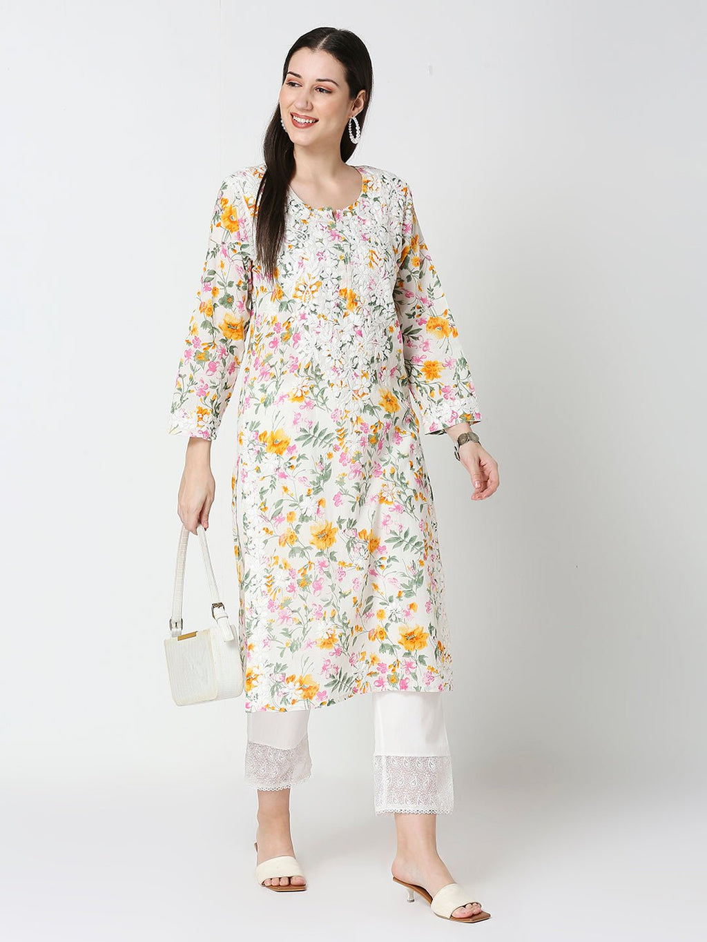Lucknow Chikankari Hand Embroidered Long Kurta Mulmul - Indiankala4u