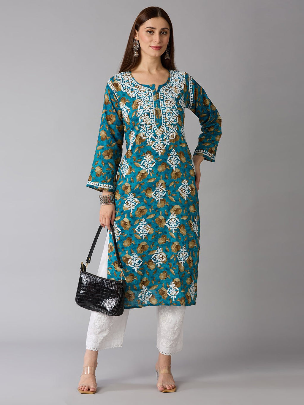 Lucknow Chikankari Hand Embroidered Long Kurta Mulmul - Indiankala4u