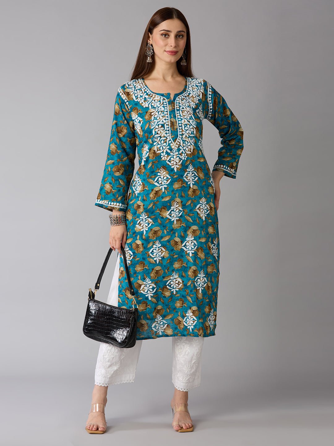 Lucknow Chikankari Hand Embroidered Long Kurta Mulmul - Indiankala4u