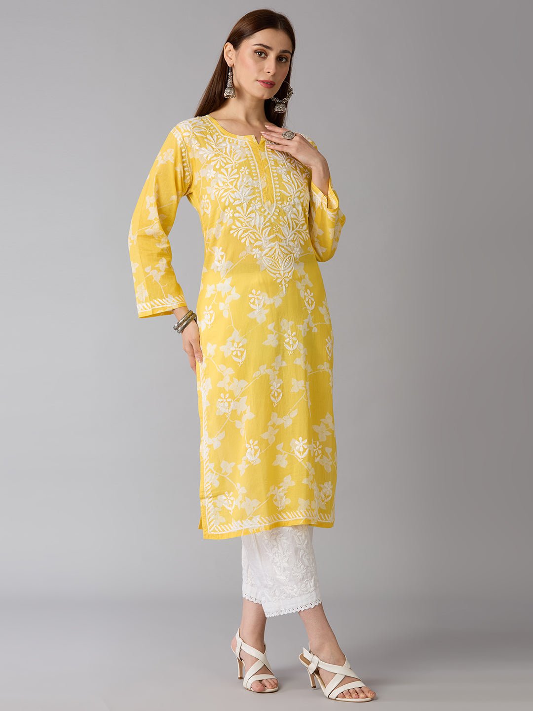 Lucknow Chikankari Hand Embroidered Long Kurta Mulmul - Indiankala4u