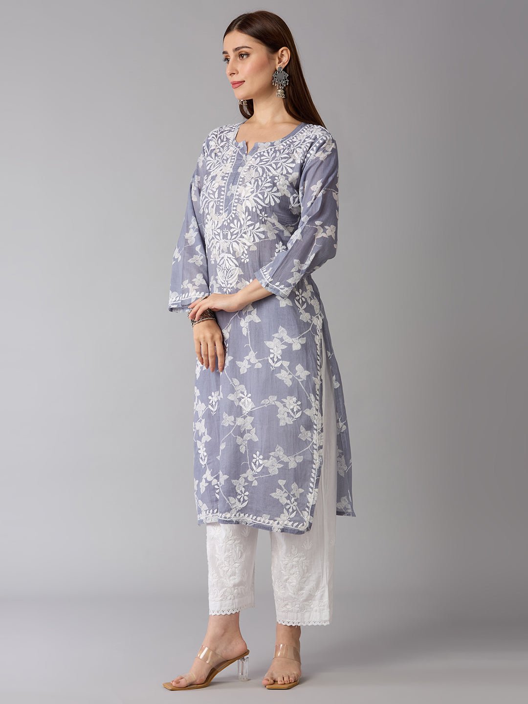 Lucknow Chikankari Hand Embroidered Long Kurta Mulmul - Indiankala4u