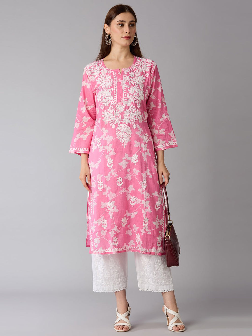 Lucknow Chikankari Hand Embroidered Long Kurta Mulmul - Indiankala4u