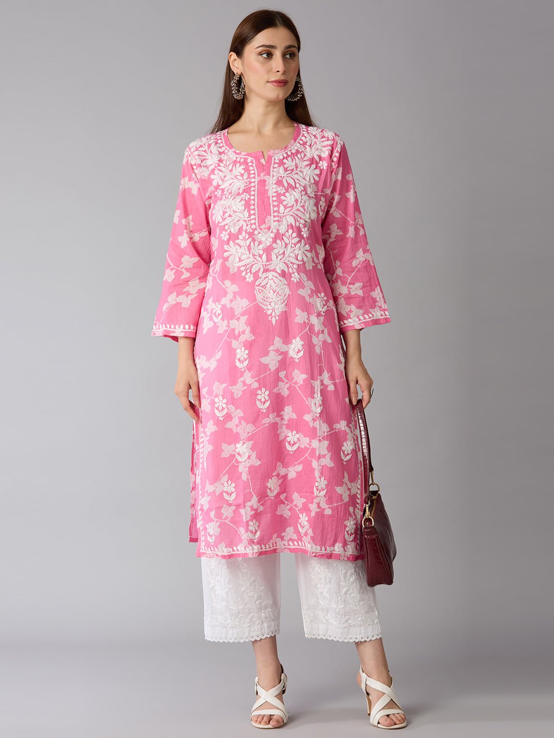 Lucknow Chikankari Hand Embroidered Long Kurta Mulmul - Indiankala4u