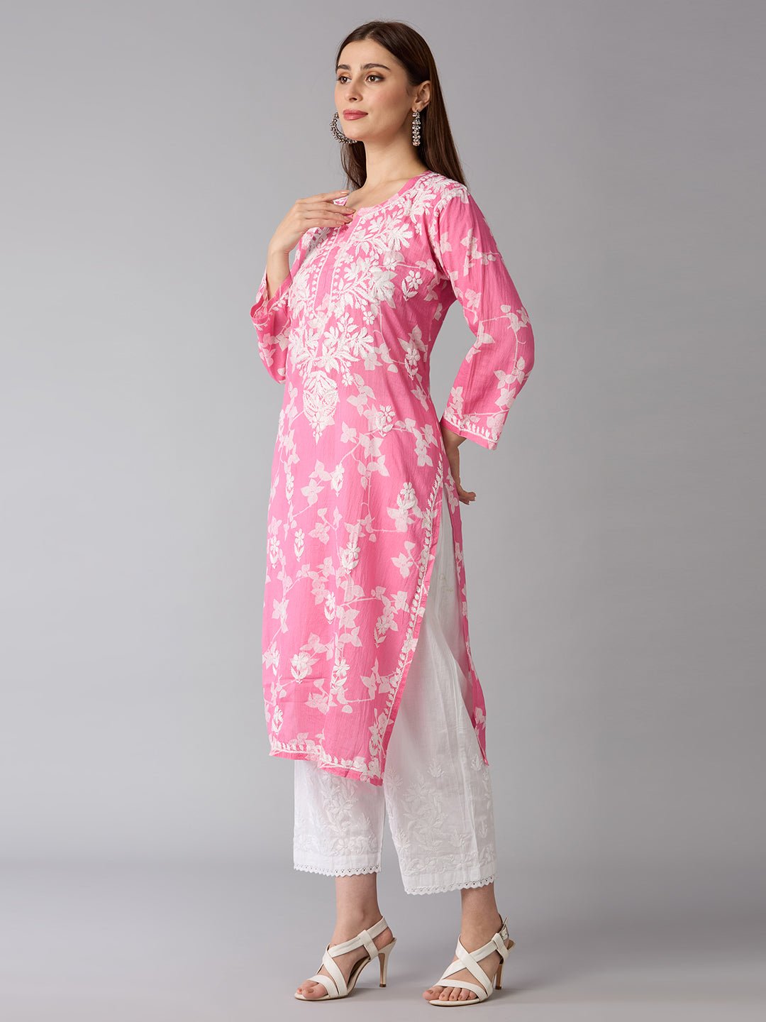 Lucknow Chikankari Hand Embroidered Long Kurta Mulmul - Indiankala4u