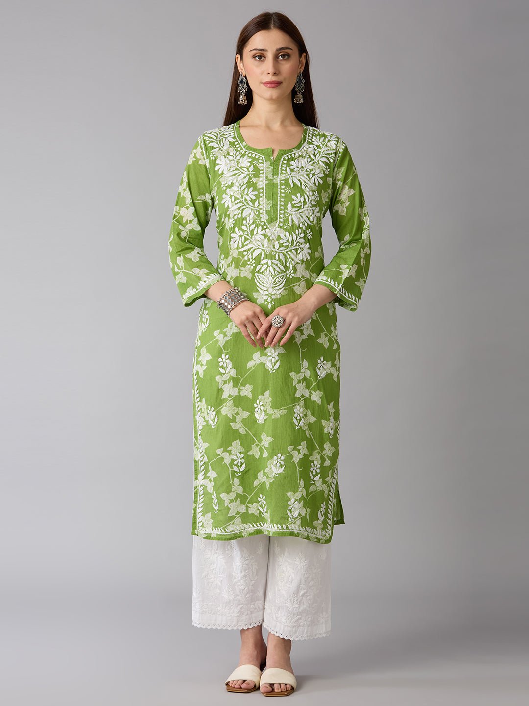 Lucknow Chikankari Hand Embroidered Long Kurta Mulmul - Indiankala4u