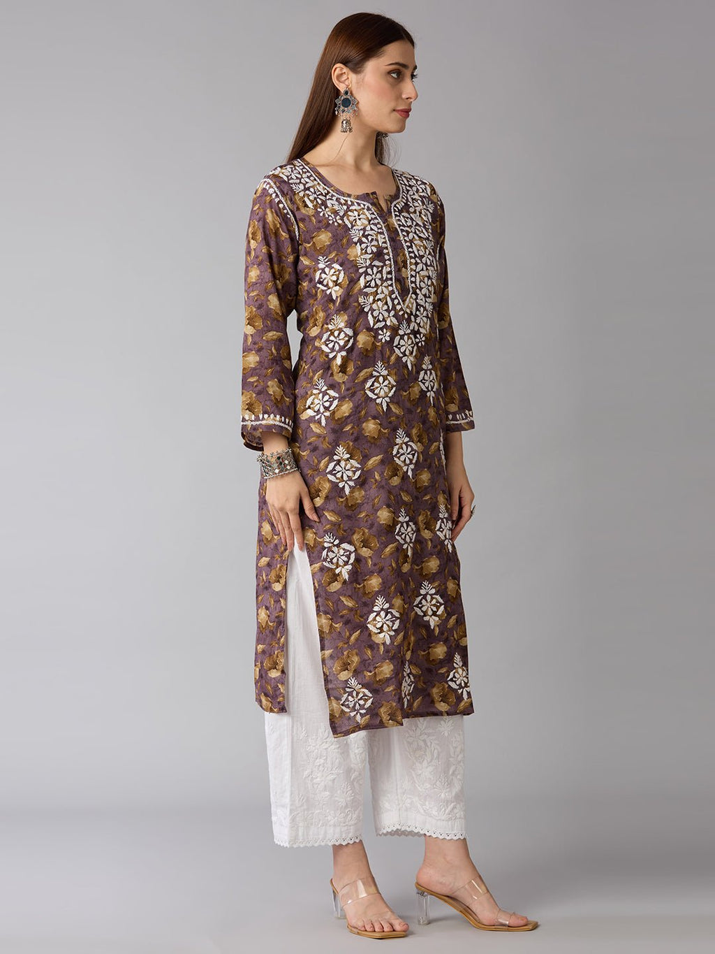 Lucknow Chikankari Hand Embroidered Long Kurta Mulmul - Indiankala4u