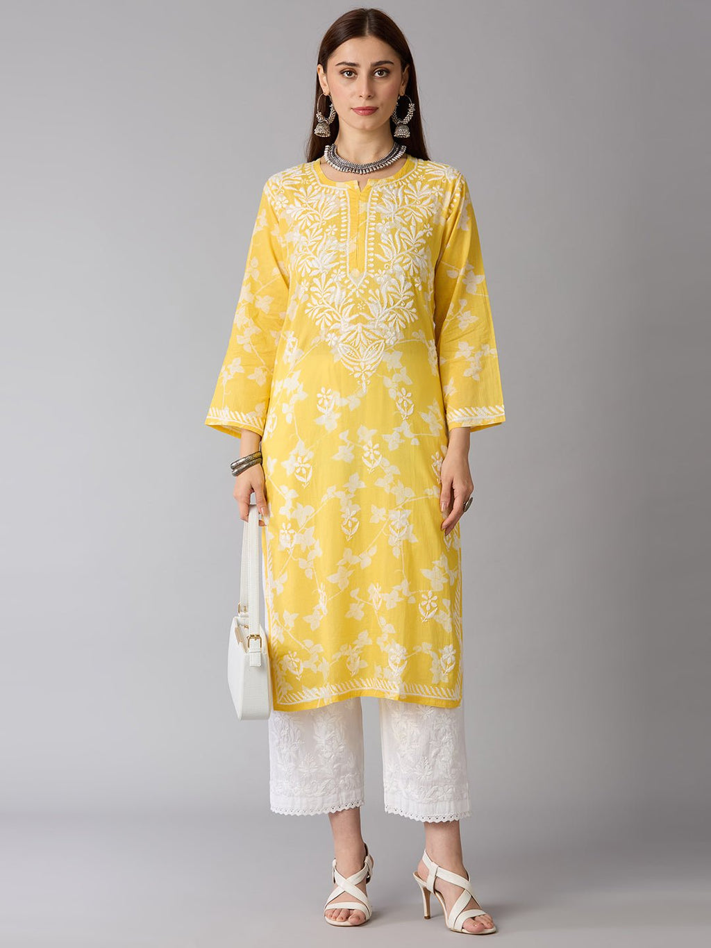 Lucknow Chikankari Hand Embroidered Long Kurta Mulmul - Indiankala4u