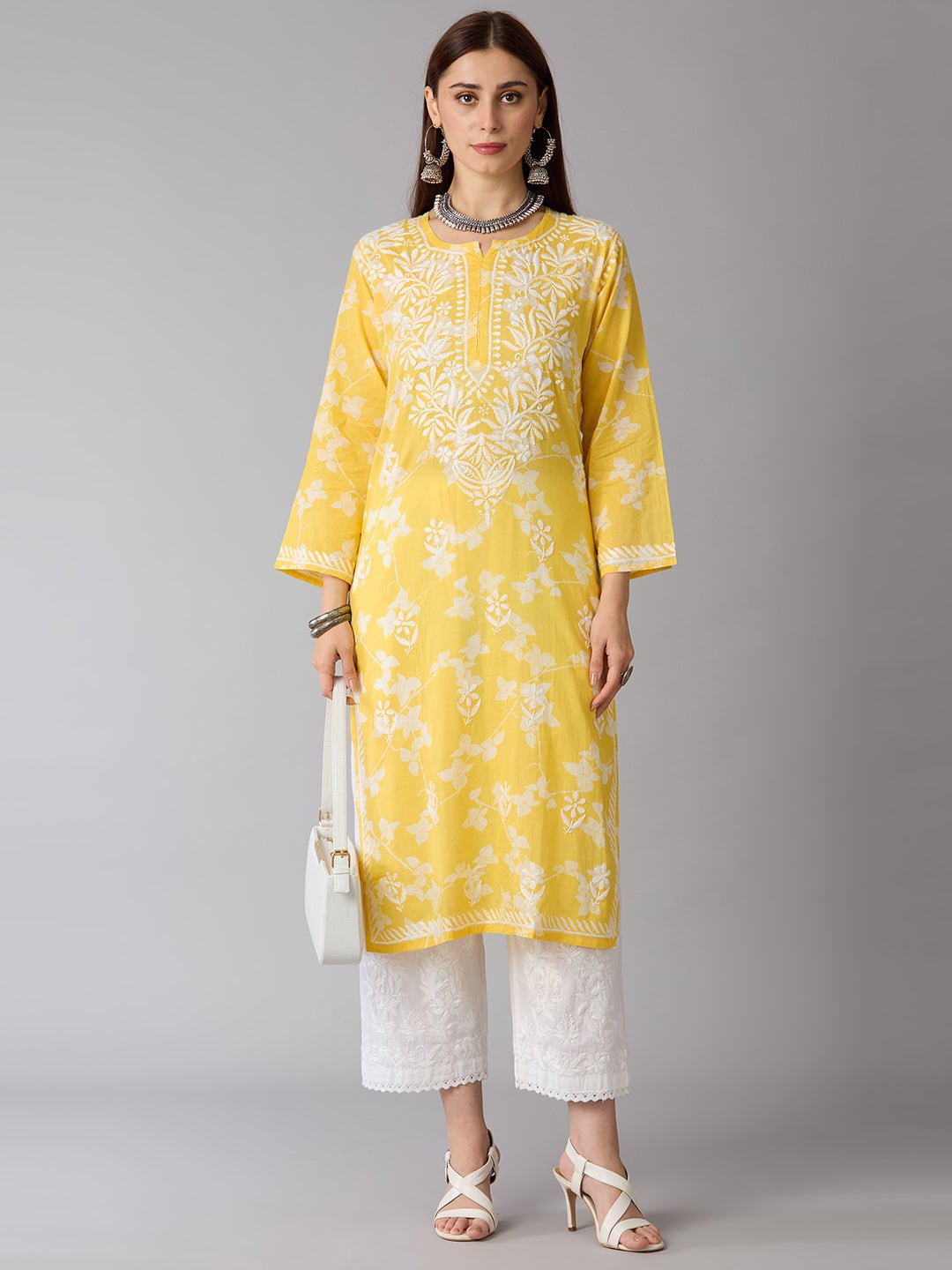 Lucknow Chikankari Hand Embroidered Long Kurta Mulmul - Indiankala4u