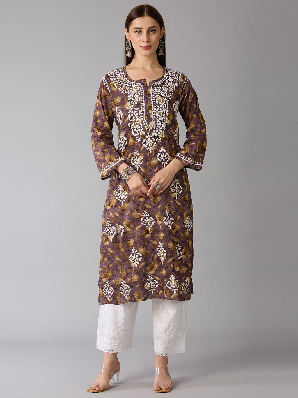 Lucknow Chikankari Hand Embroidered Long Kurta Mulmul - Indiankala4u