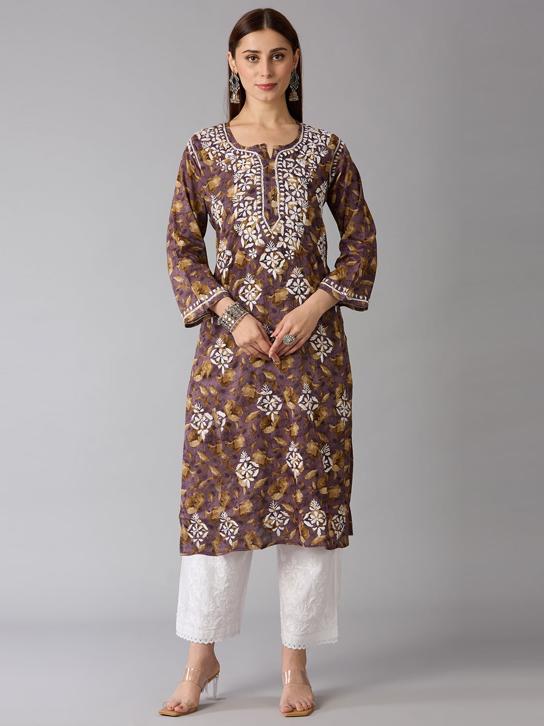 Lucknow Chikankari Hand Embroidered Long Kurta Mulmul - Indiankala4u