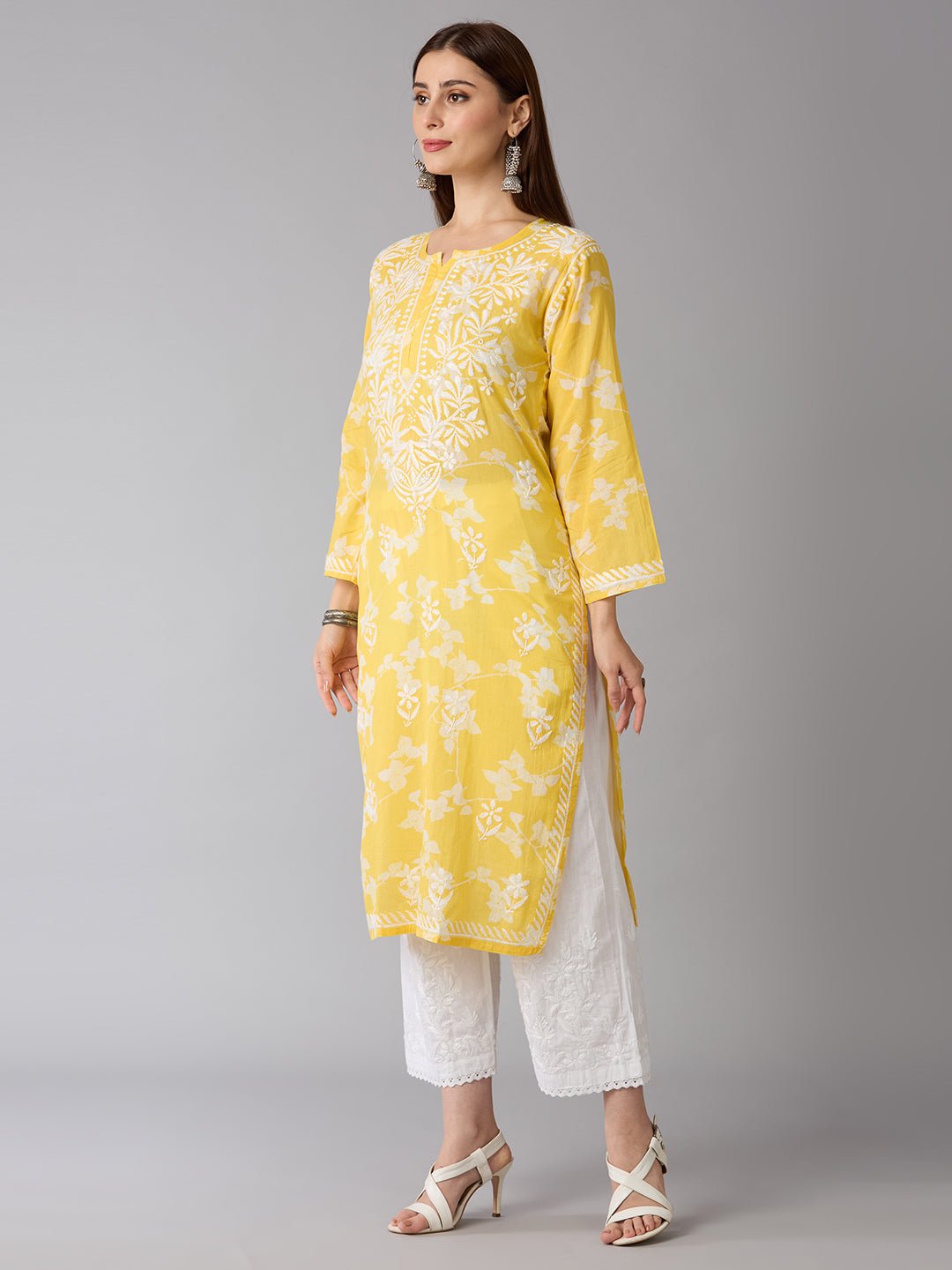 Lucknow Chikankari Hand Embroidered Long Kurta Mulmul - Indiankala4u