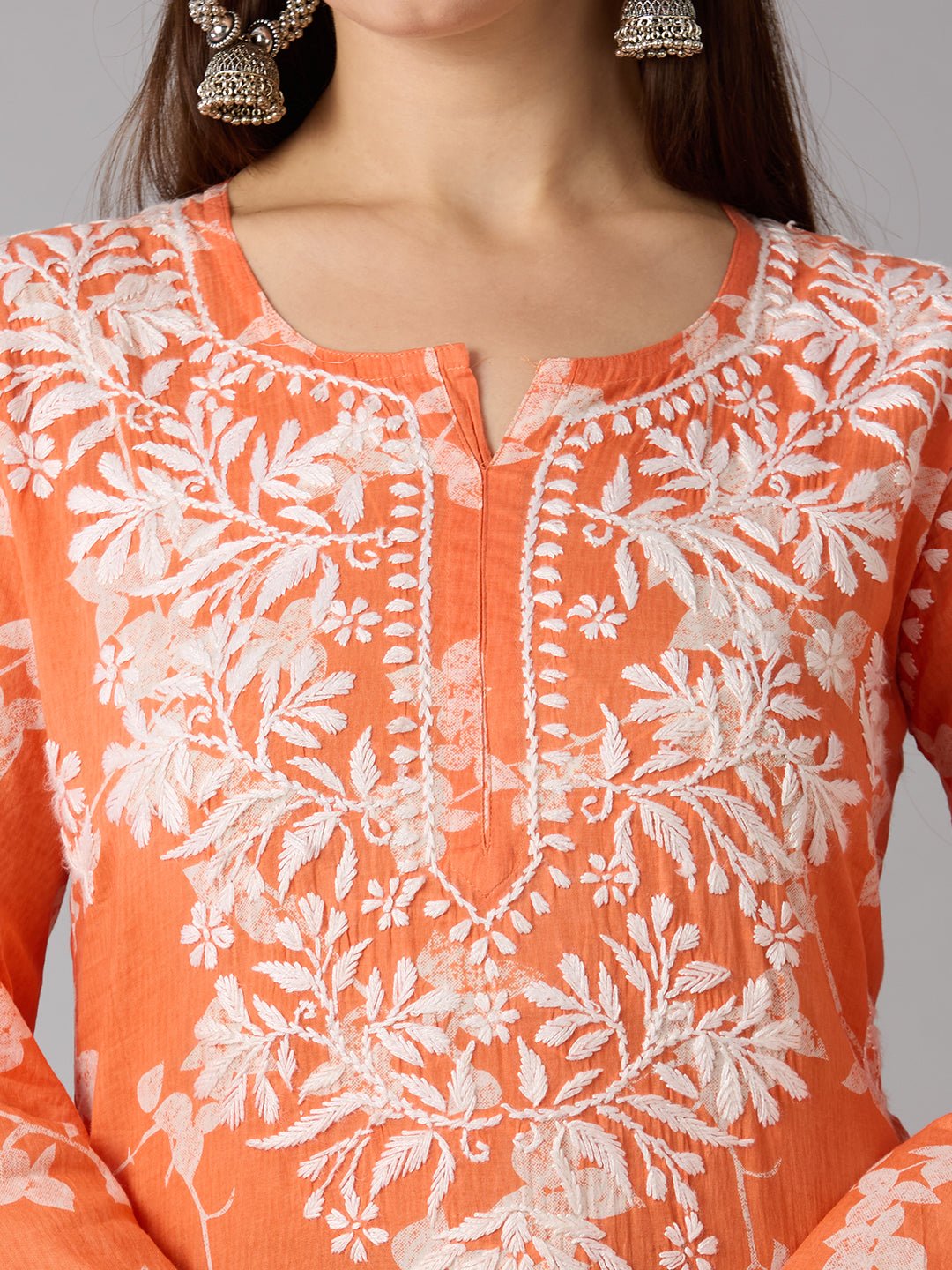 Lucknow Chikankari Hand Embroidered Long Kurta Mulmul - Indiankala4u